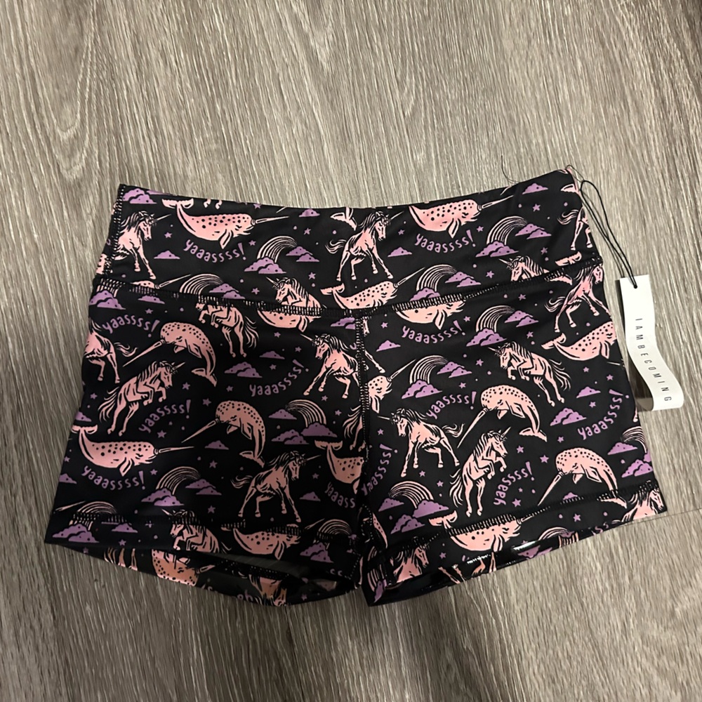 Black and Pink Unicorn Print Shorts